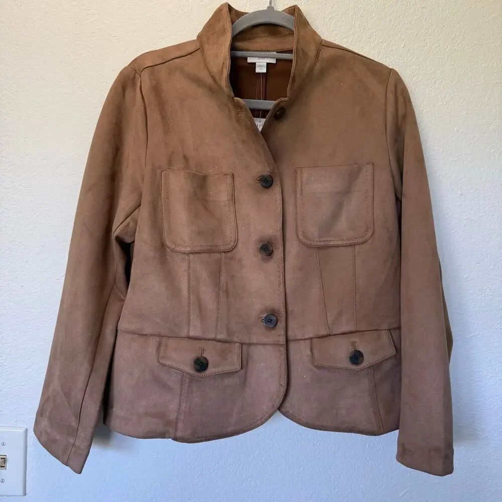 J.Jill NWT Faux Suede Patch Pocket Jacket Brown Sz M Petite Barn Western Boho - Picture 3 of 8